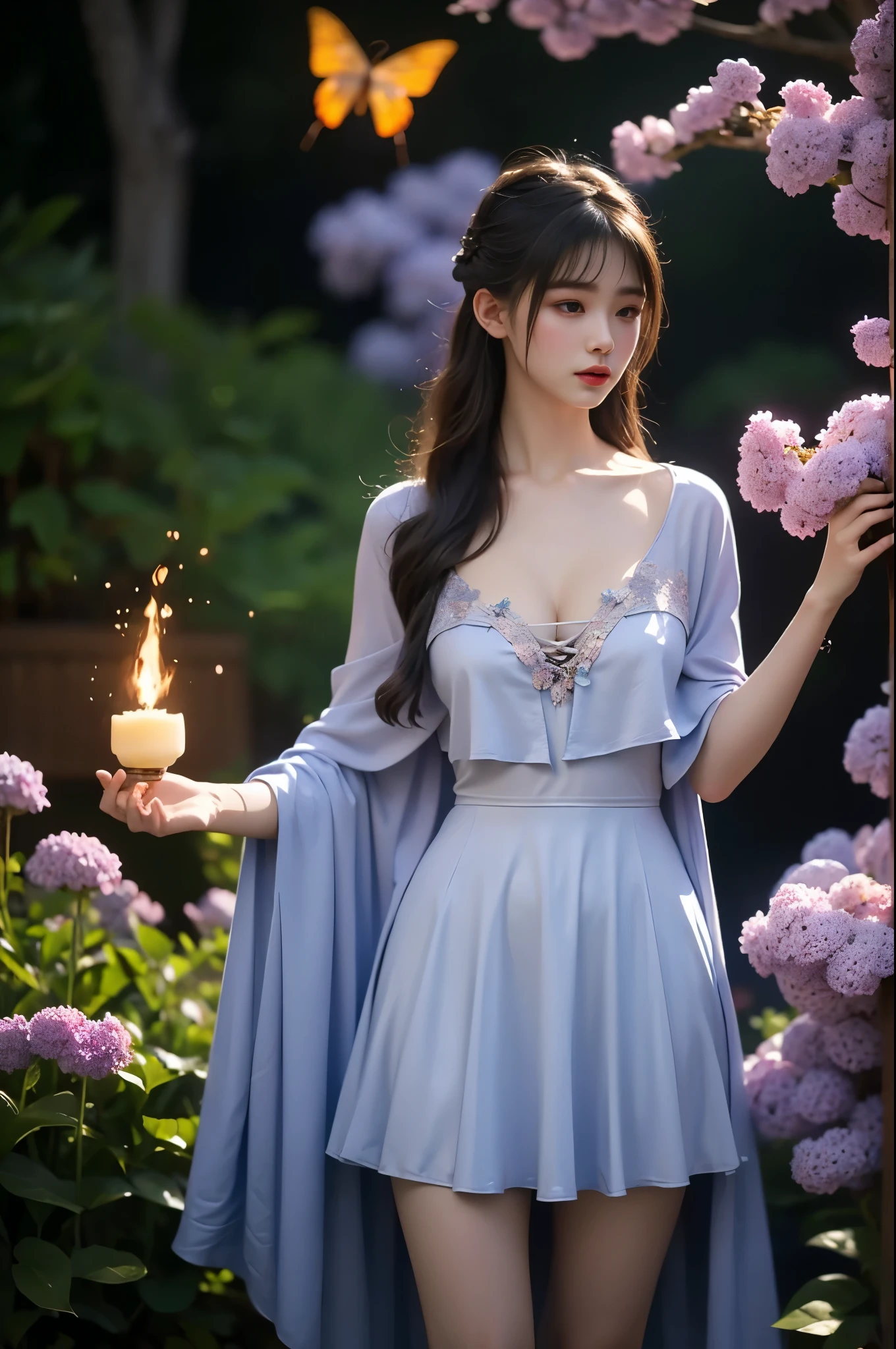 1girl,独奏,black hair,light purple dress,capelet, Beautiful dance pose, She gently lifted her skirt with one hand,头发周围有白色的Butterfly兰，Lilac dendrobium、White Lily, Long legs , Deep in Wonderland, ((Flowing long hair))Official Art , Unity8k Wallpaper , Extremely detailed , Visible cleavage, Pretty and beautiful , 性感Long legs, masterpiece , best quality ,Practical, Very detailed illustrations ,Extremely detailed , Intricate details , Extremely complex and detailed , Very detailed 8KCG wallpaper , Caustics .reflection , Ray Tracing , Devil theme ,nebula ,Dark aura, Network Effects , (1 girl)solitary , 小蓝Butterfly , (Blue plasma flame , (insect , Butterfly)) Pastel tones in Rococo style ,Light white and light dark red , Incredibly beautiful , Cherry blossoms , Surrealism ,painting , Ethereal , Mixing reality and fantasy elements ,Ray Tracing , Complex Mode , Exquisite lines , Perfect your hands, Starry Sky , Colorful , Star