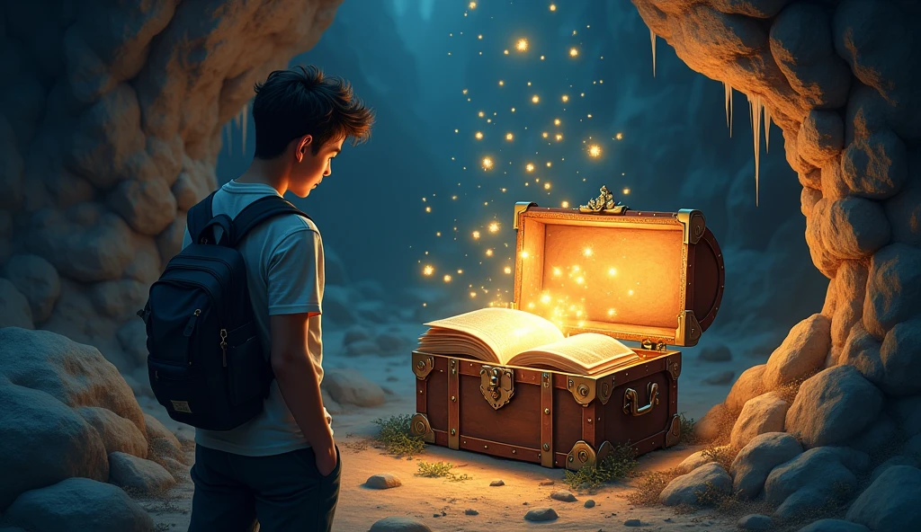 A 30 year boy is in a cave watching a opening treasure box and suddenly he watch a book cartoon pic