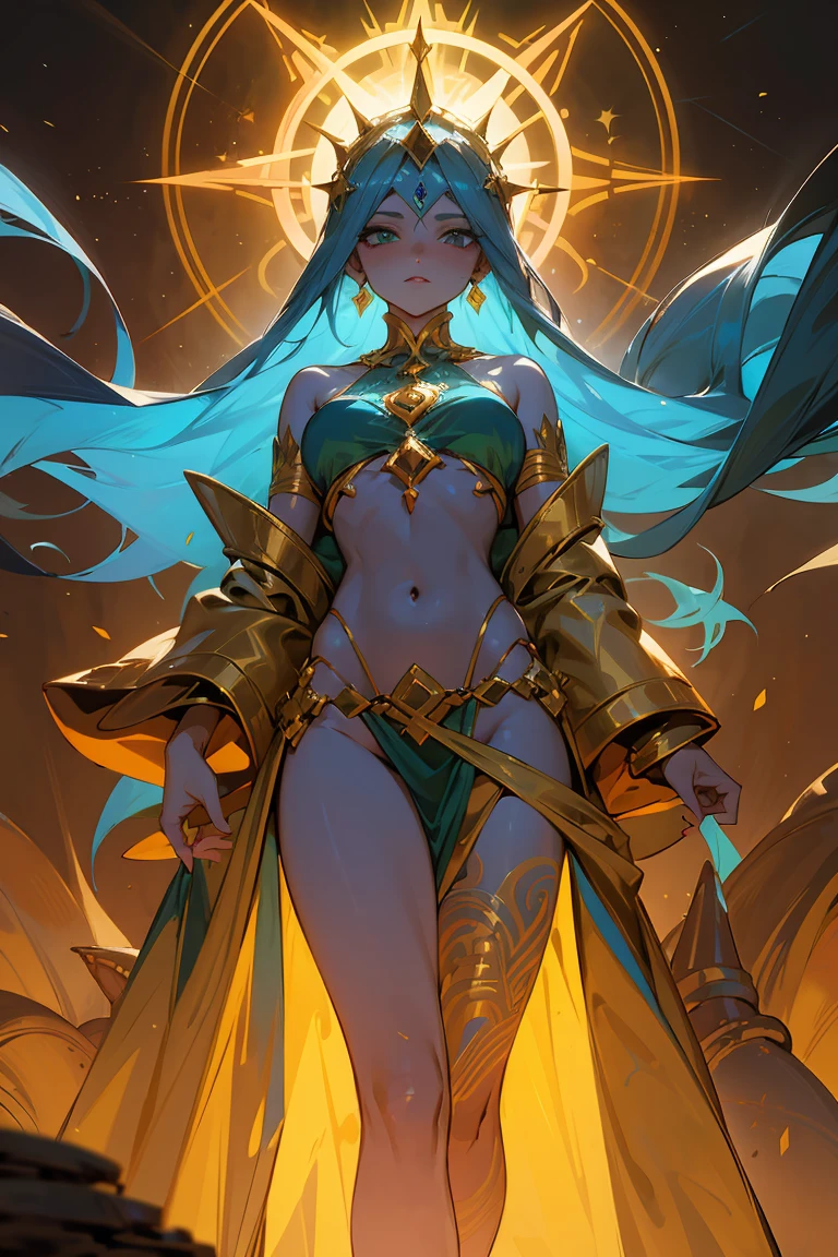 A mesmerizing D&D woman, a powerful Djinn with radiant blue skin, stands in the heart of a vast desert. Her long, dark blonde hair flows like silk, contrasting beautifully with her vibrant green eyes that gleam with mystical energy. She is adorned with intricate gold tattoos that shimmer in the sunlight, highlighting her divine form. Surrounding her are piles of gleaming gold treasures, coins, and jewels, scattered across the sands. The atmosphere is one of ancient magic and opulence, as she commands the desert with an aura of enchantment and power.