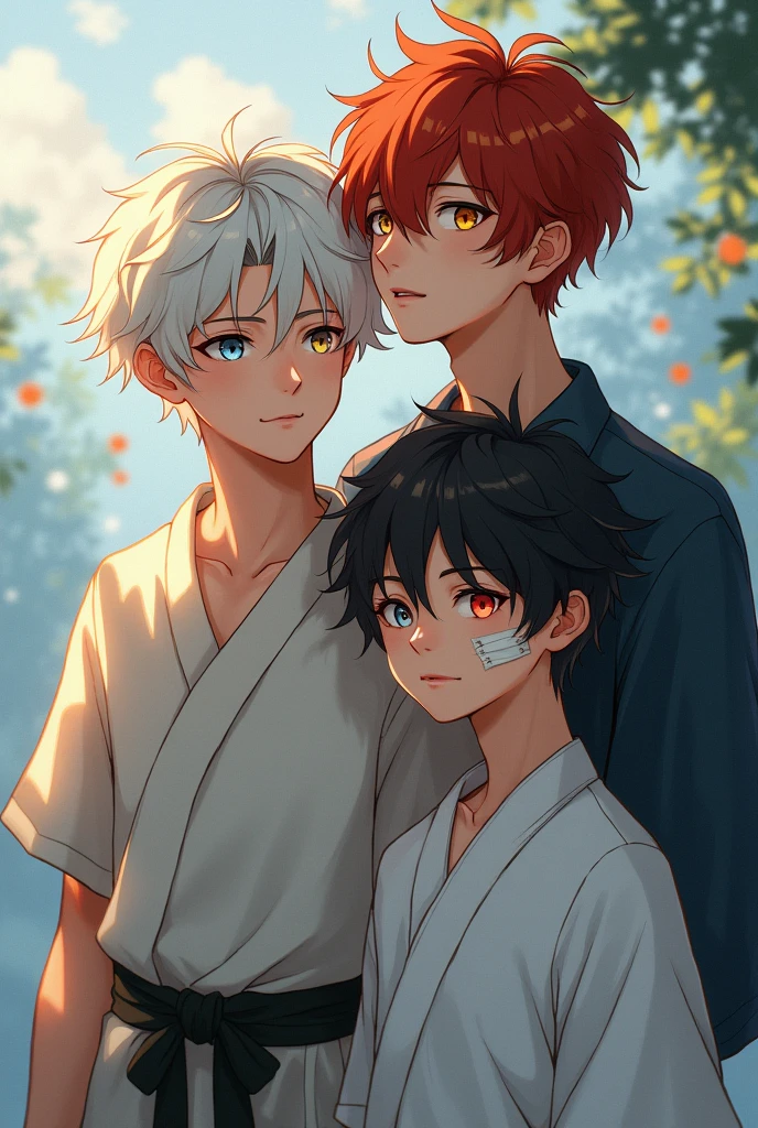 A soft japanese 19 man with short white messy hair and golden eyes. He have a smooth skin. Next to a Japanese 18 man with bruises under his eyes and bandage on his cheeks.  have red and not orange hair and light blue eyes. He's mischievous. Next to them there is a young demon. A  boy. With short messy black hair and red glowing eyes. He's the shortest of them three.  And have black horns. Stoïc facial expression. 