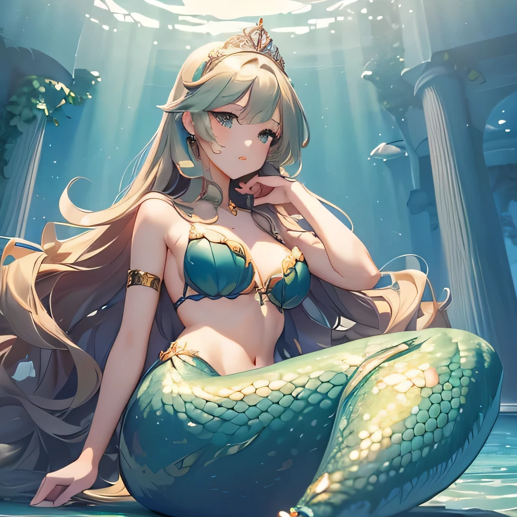 ((masterpiece,best quality,ultra-delicate,Perfect Face,16k,high resolution,very beautiful girl)),gold Long hair,mermaid,Green scales,large breasts,Little Mermaid,Seashell bra,Princess Tiara,Pearl decoration,jewel decorations,Undersea background,under the water