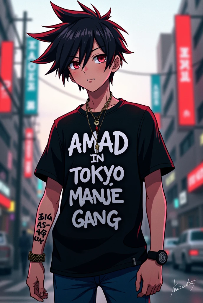 Anime character Mikey in black shirt on her shirt written AMAD in tokyo manje gang