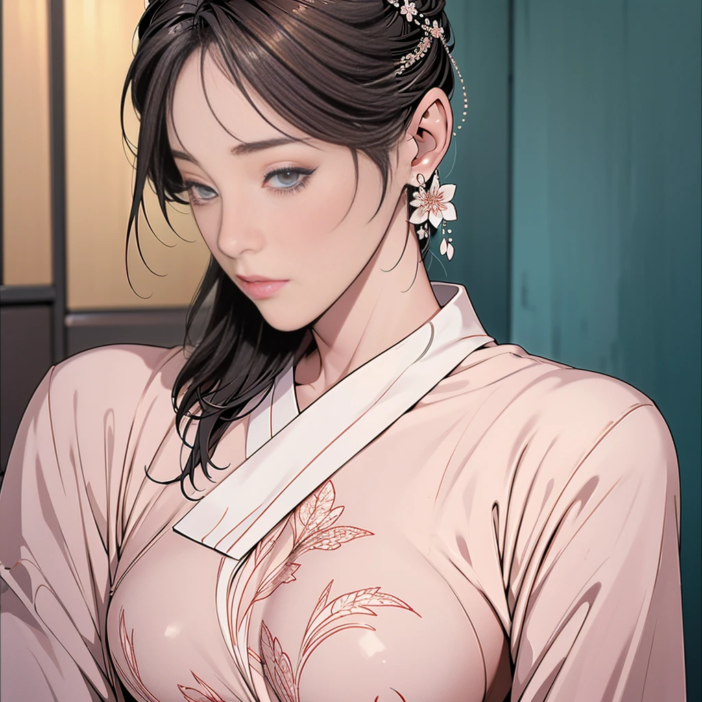 best quality, masterpiece, Ultra-high resolution, (Reality:1.2), 1 Girl, (Delicate face:1.2),beautiful woman(Hanfu big breasts) (Delicate eyes:1.2), (Fine hair:1.2), (Detailed clothes:1.2), 4K, ,