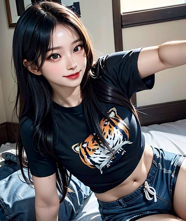 ((Realistic、masterpiece、Best image quality、high quality、超Realistic、High resolution、超High resolution、Very detailed))、(Dense forest、Dense forest、Realisticな写真、Bright lighting、Professional Lighting)、(((One beautiful woman、expensive、18-year-old、Fine skin、Beautiful Skin)))、(([[compensate]]、Very detailedな、Detailed face、Detailed face、Smile、Teeth are slightly visible、cute、Red cheeks、False eyelashes、Tuck your chin in and look down、Top to bottom、Pull your chin in、look at me))、(Hairstyle、Bobcut、Dark blonde hair)、((Turn your upper body towards yourself、Upper body is thin、Toned body、Tight waist、Very Good posture、Good posture))、((Turn your lower body towards yourself、Spread your legs、The lower half of the body is fat、Big Ass、Reduce body fat、Lower body obesity))、Focus on the lower body、Super focus on the lower body、Your whole body fills the screen、Turn your whole body towards yourself、(((A black shirt with a big tiger on it&#39;There is a face)))、(((Black combat boots)))、(((Panties with camouflage pattern)))、(((He has a gun)))