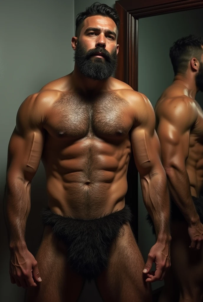 Strong Puerto Rican man with hairy body, very hairy, bearded man in front of the mirror naked naked from the belly down, nakeness, penis, very hairy groin, black hair in the groin, hand covering, only bust showing.