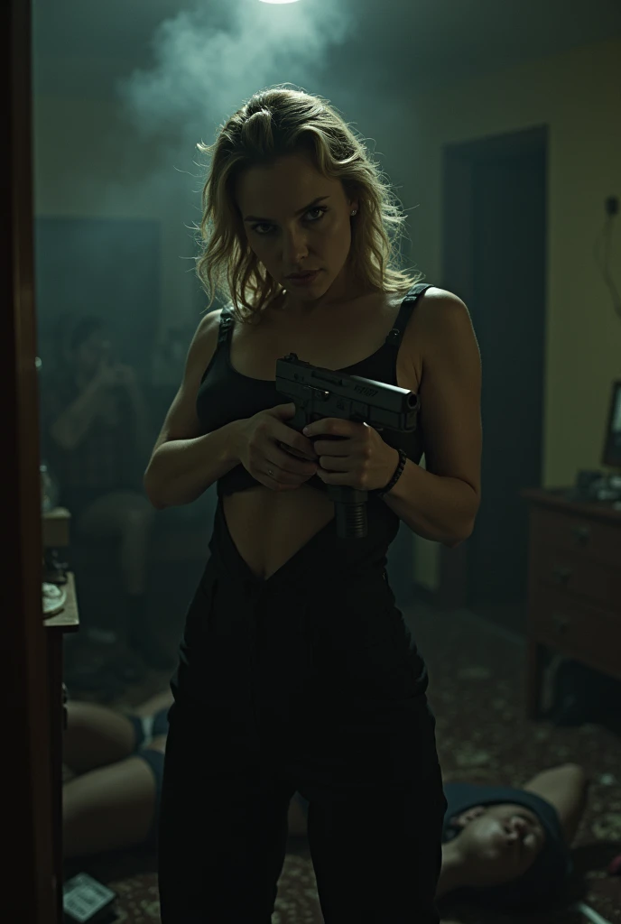 Scarlett Johansson with a gun and who kills a woman in an apartment to collect valuables