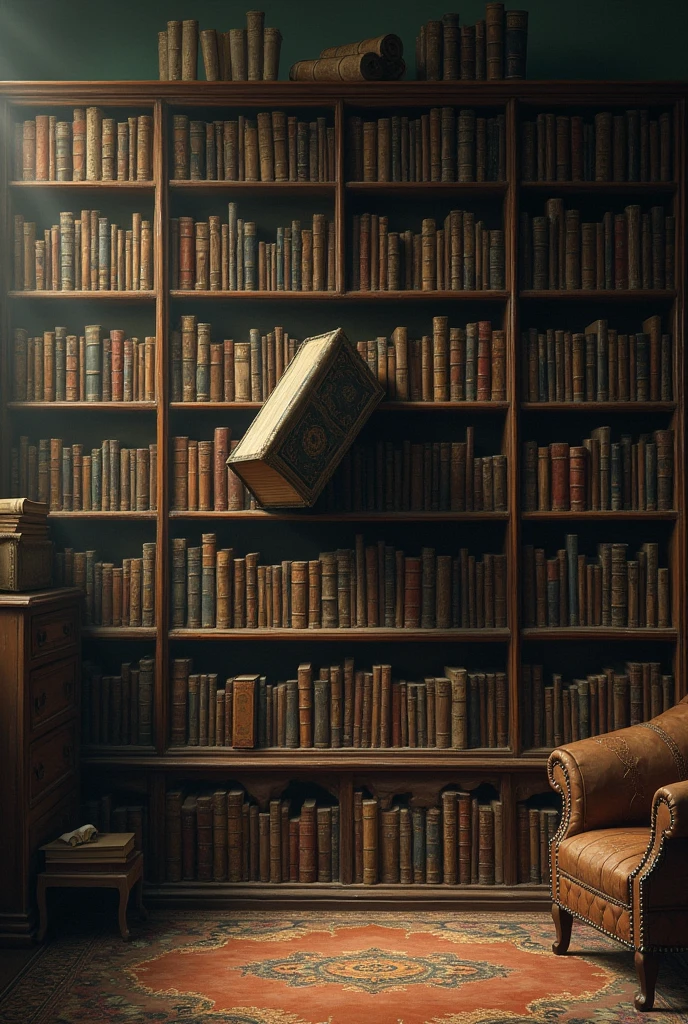 picture on the bookshelf and there is one book that looks like it's going to fall... And all the books are dusty, more books, like in the library