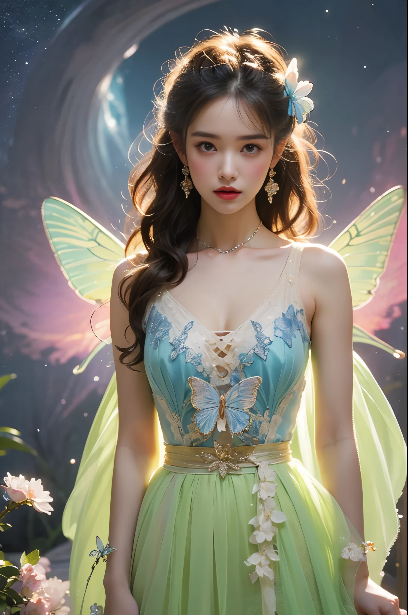 Beautiful dance pose, She gently lifted her skirt with one hand,头发周围有白色的Butterfly兰,Lilac dendrobium、White Lily, Long legs , Deep in Wonderland, ((Flowing long hair))Official Art , Unity8k Wallpaper , Extremely detailed , Visible cleavage, Pretty and beautiful , 性感Long legs, masterpiece , best quality ,Practical, Very detailed illustrations ,Extremely detailed , Intricate details , Extremely complex and detailed , Very detailed 8KCG wallpaper , Caustics .reflection , Ray Tracing , Devil theme ,nebula ,Dark aura, Network Effects , (1 girl)solitary , 小蓝Butterfly , (Blue plasma flame , (insect , Butterfly)) Pastel tones in Rococo style ,Light white and light dark red , Incredibly beautiful , Cherry blossoms , Surrealism ,painting , Ethereal , Mixing reality and fantasy elements ,Ray Tracing , Complex Mode , Exquisite lines , Perfect your hands, Starry Sky , Colorful , Star