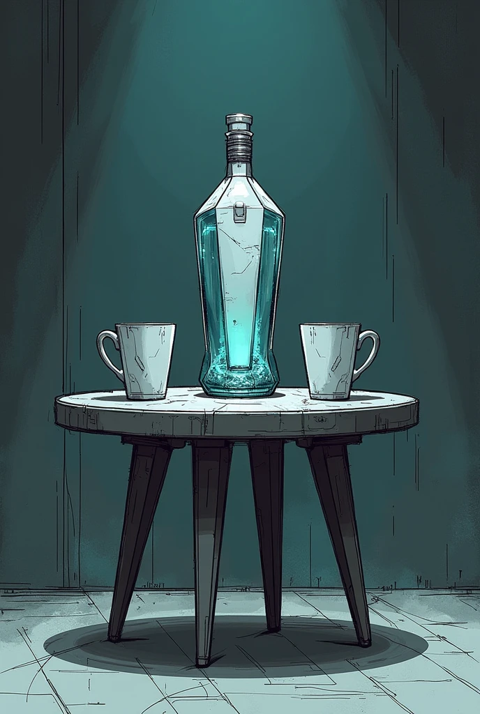 A bottle between two cups on a small table with four legs,cyberpunk,sketching