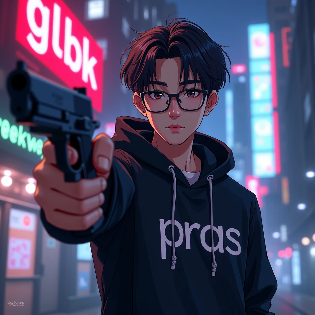 Create a character anime, {{background: text “GLBK”, night city}},
realistic, HDR, use glasses, handsome, korean style, full body, use pistol, age 20, hoodie HD text: “PRAS”
