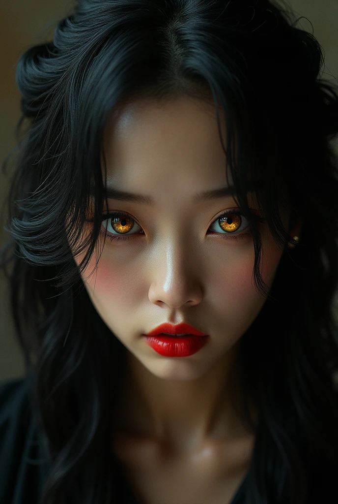 An Award Winning fine art portrait in 16K,highres,masterpiece:1.2),ultra-detailed,(realistic, photorealistic,photo-realistic:1.37), 1 girl, Asian beautiful detailed gold eyes, beautifully detailed red lips, extremely detailed eyes and face, long eyelashes, black curly long shiny hair, demon gaze, dark fantasy,dramatic lighting,cinematic composition,moody atmosphere, dark colors,chiaroscuro,dramatic shadows