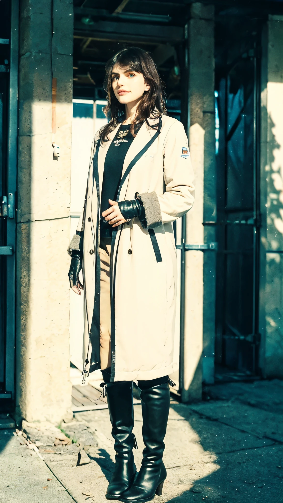 (masterpiece:1.2, best quality:1.2, extremely delicate:1.2), ((Alexandra Daddario:1.2)), a young women with auburn hair, a center-parted back hairstyle, narrow eyes, a cunning smile, a two-piece fantasy-reality style outfit, a white undershirt, a dark formal-style coat, wearing gloves, matching trousers with the outfit, has metallic-adorned knee-high boots, this character embodies a finely crafted fantasy-realistic fighter, exquisite photography, Photo realism, photorealistic, goddess, pale skin, perfect skin, textured skin, detailed skin, porcelain skin, dramatic, high definition, highres, ultra-detailed, ultra-fine painting, professional, perfect body proportions, golden ratio, anatomically correct, symmetrical face, perfect eyes, extremely detailed eyes and face, high quality eyes, creativity, RAW photo, UHD, 32k, Natural light, cinematic lighting, (masterpiece-anatomy-perfect:1.2)