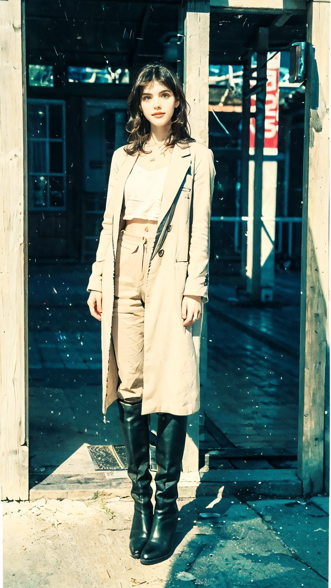 (masterpiece:1.2, best quality:1.2, extremely delicate:1.2), ((Alexandra Daddario:1.2)), a young women with auburn hair, a center-parted back hairstyle, narrow eyes, a cunning smile, a two-piece fantasy-reality style outfit, a white undershirt, a dark formal-style coat, wearing gloves, matching trousers with the outfit, has metallic-adorned knee-high boots, this character embodies a finely crafted fantasy-realistic fighter, exquisite photography, Photo realism, photorealistic, goddess, pale skin, perfect skin, textured skin, detailed skin, porcelain skin, dramatic, high definition, highres, ultra-detailed, ultra-fine painting, professional, perfect body proportions, golden ratio, anatomically correct, symmetrical face, perfect eyes, extremely detailed eyes and face, high quality eyes, creativity, RAW photo, UHD, 32k, Natural light, cinematic lighting, (masterpiece-anatomy-perfect:1.2)