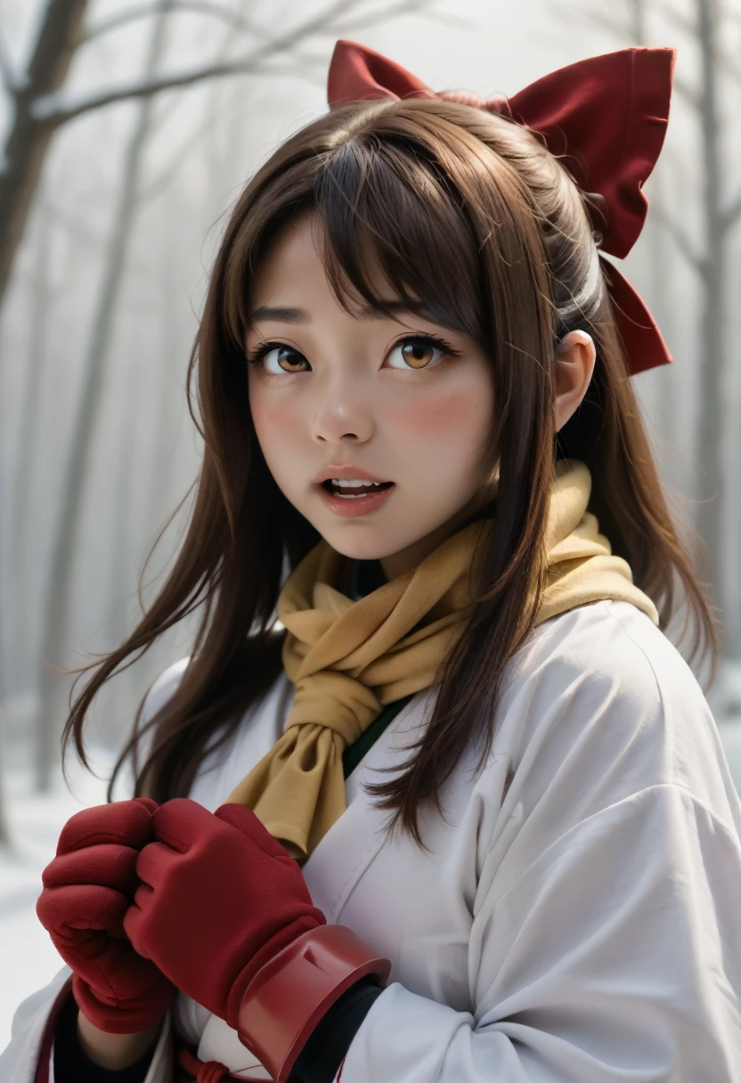 km, 1girl, ascot, blush, bow, brown eyes, brown hair, hair bow, hair tubes, japanese clothes, long hair, mittens, nontraditional miko, one-hour drawing challenge, open mouth, portrait, red bow, red mittens, scarf, sidelocks, simple background, solo, white background, yellow ascot, yellow scarf