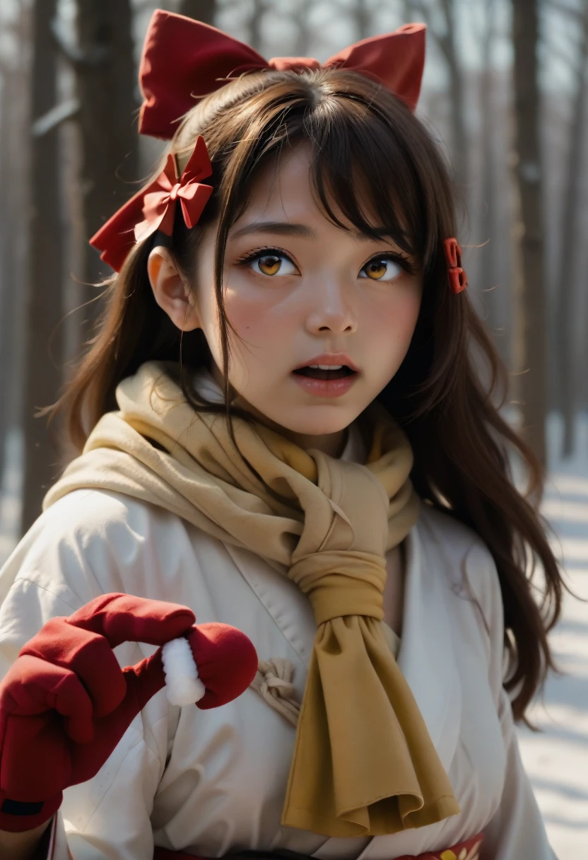 km, 1girl, ascot, blush, bow, brown eyes, brown hair, hair bow, hair tubes, japanese clothes, long hair, mittens, nontraditional miko, one-hour drawing challenge, open mouth, portrait, red bow, red mittens, scarf, sidelocks, simple background, solo, white background, yellow ascot, yellow scarf