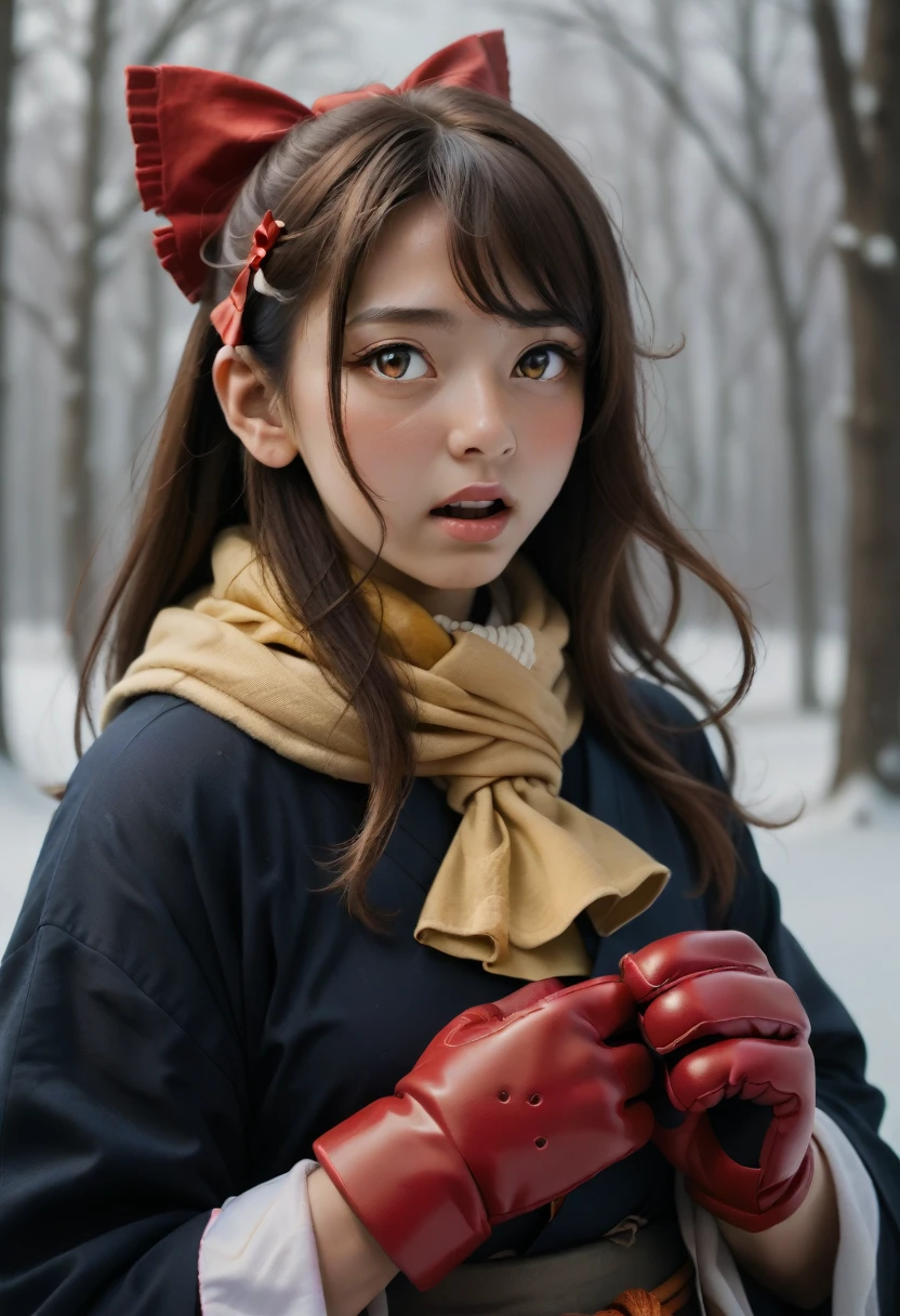 km, 1girl, ascot, blush, bow, brown eyes, brown hair, hair bow, hair tubes, japanese clothes, long hair, mittens, nontraditional miko, one-hour drawing challenge, open mouth, portrait, red bow, red mittens, scarf, sidelocks, simple background, solo, white background, yellow ascot, yellow scarf