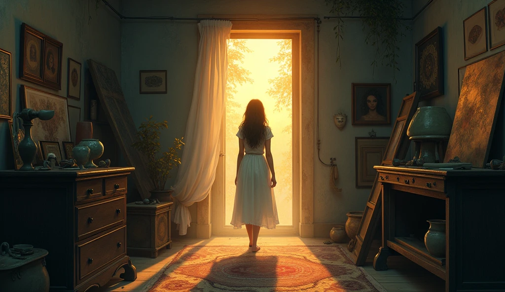 Background: Leena’s studio, now dimly lit as the sun begins to set, casting long shadows and a peaceful ambiance. The warm light gives the space a slightly magical feel as if capturing the mystical nature of Mira’s presence.
Style: Illustrative with a blend of warm tones and soft light, emphasizing the transition from Mira’s presence to her absence. Mira should appear slightly translucent, capturing the moment just before she vanishes