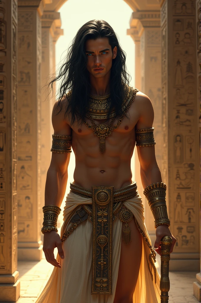 Male, long black hair, egyptian accesories along his body, skinny, violet eyes, Egyptian clothes