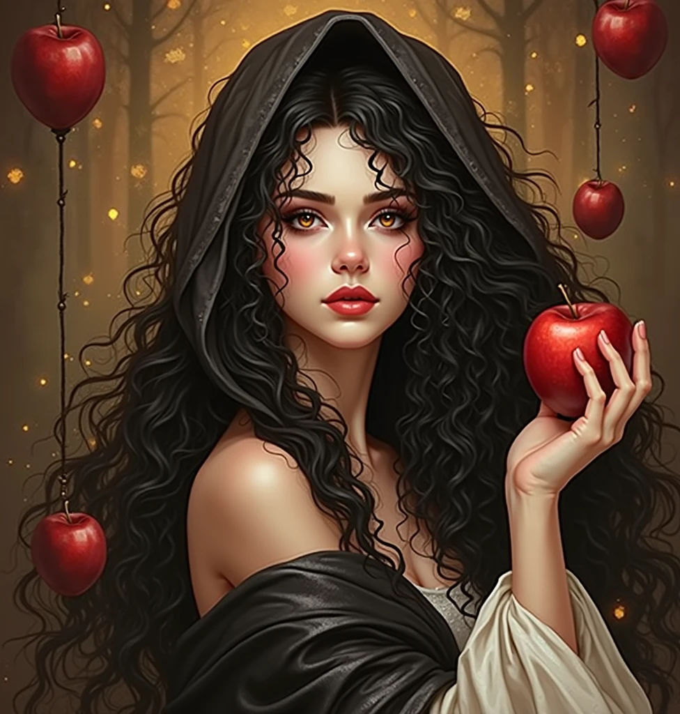 long black very curly hair, soft black lips, heavy dark eyeliner, olive skin, piercing hazel eyes, elf queen, wearing a white hood and flowing robe, holding an apple