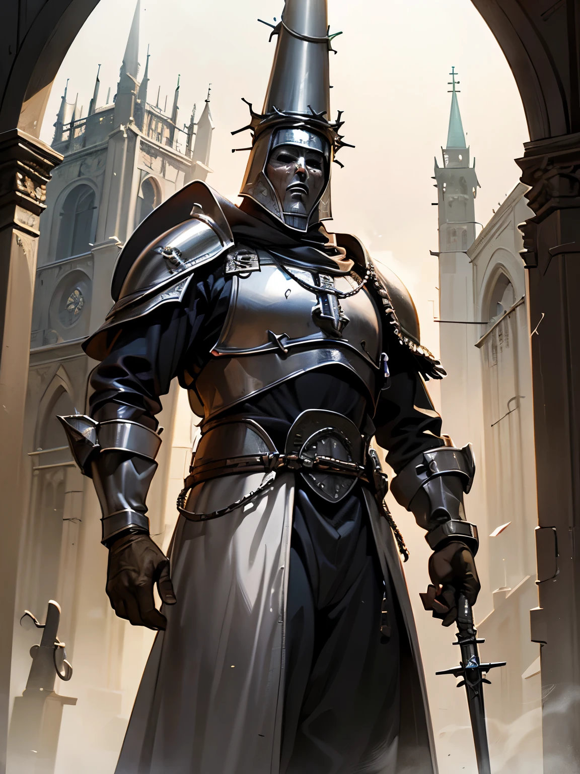 ((Blasphemous)), ((The penitent)), game character, a closeup of a man wearing a helmet and armor standing in front of a castle, anor londo, holy crusader medieval, guild war illustrations, holy crusader, Warhammer fantasy art, photo of a clergyman, undead knight, medieval fantasy game art, I see the Carpathians, Blasphemous, holy crusader medieval knight, holy crusader medieval