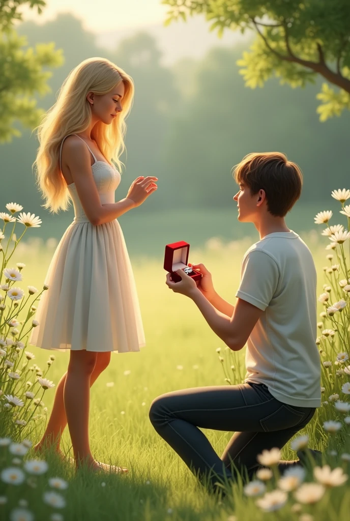A realistic picture of a beautiful young woman of twenty stands with an air of grace, her fair complexion and long, straight blonde hair accentuated by the white sleeveless dress she wears. The dress is knee length. Before her, a handsome young boy of twenty, kneels on one knee, offering a stunning diamond ring presented in a red ring box. He is proposing her . The man's face is clean shaved without facial hair. His fair skin and dark brown hair contrast with his casual blue t-shirt and denim jeans. The surrounding scene is adorned with lush green grasses and delicate daisies, adding a romantic and serene backdrop to this heartfelt proposal.