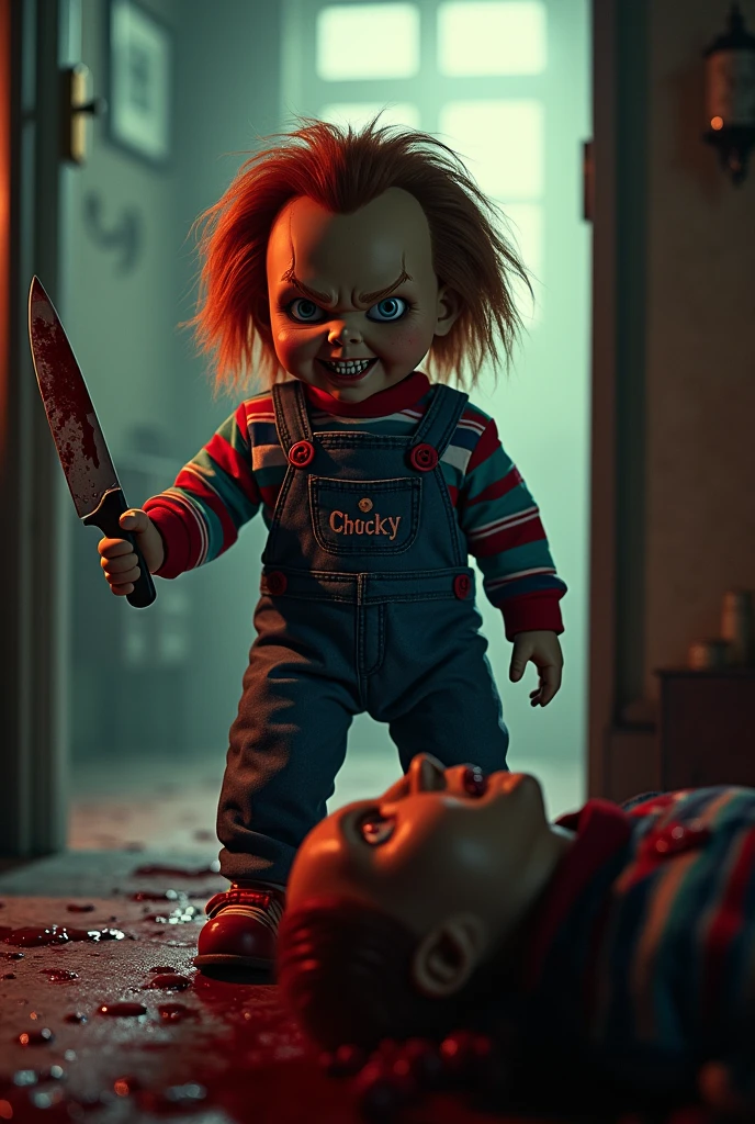 Create a character from the Chucky movie by stomping on the head of a human  with a bloody knife while looking at the camera as similar to the movie as possible 