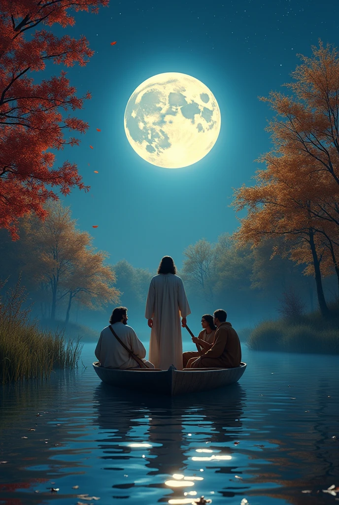 Create a realistic image with full resolution 8k cinematic quality, depicting a serene autumn night scene by a calm river. The river reflects the bright, oversized full moon above, which casts a soft glow over the water. Surrounding the river are vibrant trees with red, orange, and yellow leaves, capturing the essence of fall. The clear sky reveals a blanket of stars alongside the large moon. Leaves gently float on the river's surface, enhancing the peaceful atmosphere. In the center of the river, there is a wooden boat carrying Jesus and four people. Jesus, depicted with a gentle, serene expression, stands at the bow of the boat, dressed in simple, flowing robes that reflect the moonlight. The four individuals, diverse in appearance, sit attentively, gazing at Jesus, listening intently to his words. The scene conveys a sense of calm, reflection, and the beauty of nature at night, with the boat adding a focal point of human connection and spirituality.