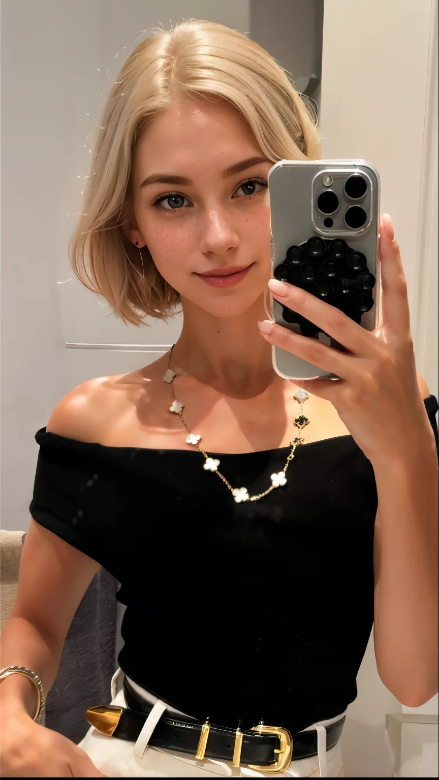 Woman, americana, age 25, pale skin and freckles, gray eyes, delicate nose, soft and delicate lips, far away, cabelo blondie far away e ondulado na altura da cintura, sweet smile, face with delicate feminine facial features, highly rendered