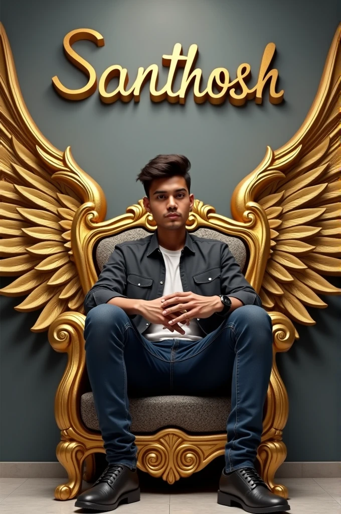 Create realstic image a 20 year old attitude boy is sitting on a golden king chair with golden wings and behinds him the colour of the wall is gray on which ” SANTHOSH ” Written in curve style