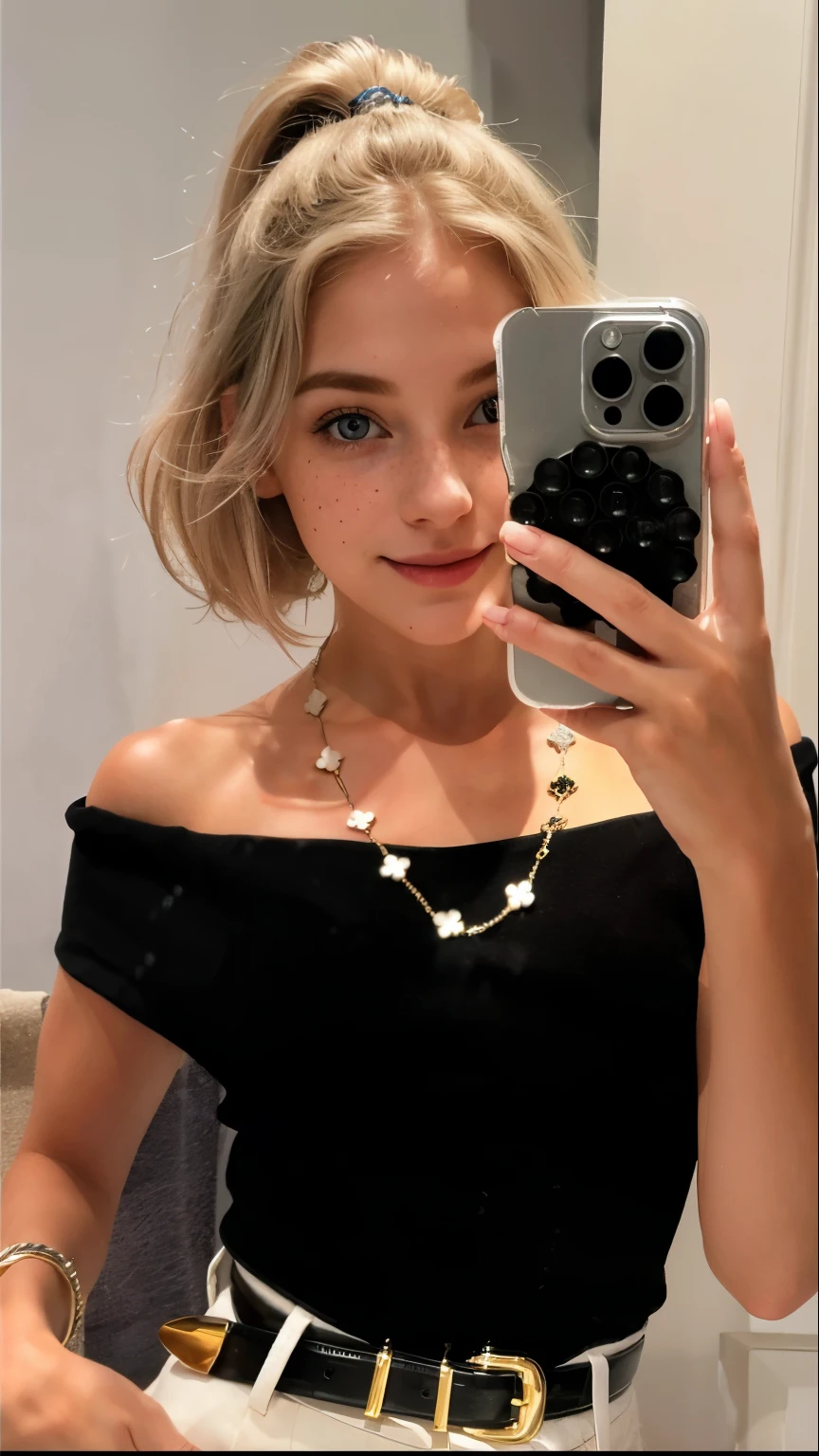 Woman, americana, age 25, pale skin and freckles, gray eyes, delicate nose, soft and delicate lips, far away, cabelo blondie far away e ondulado na altura da cintura, sweet smile, face with delicate feminine facial features, highly rendered