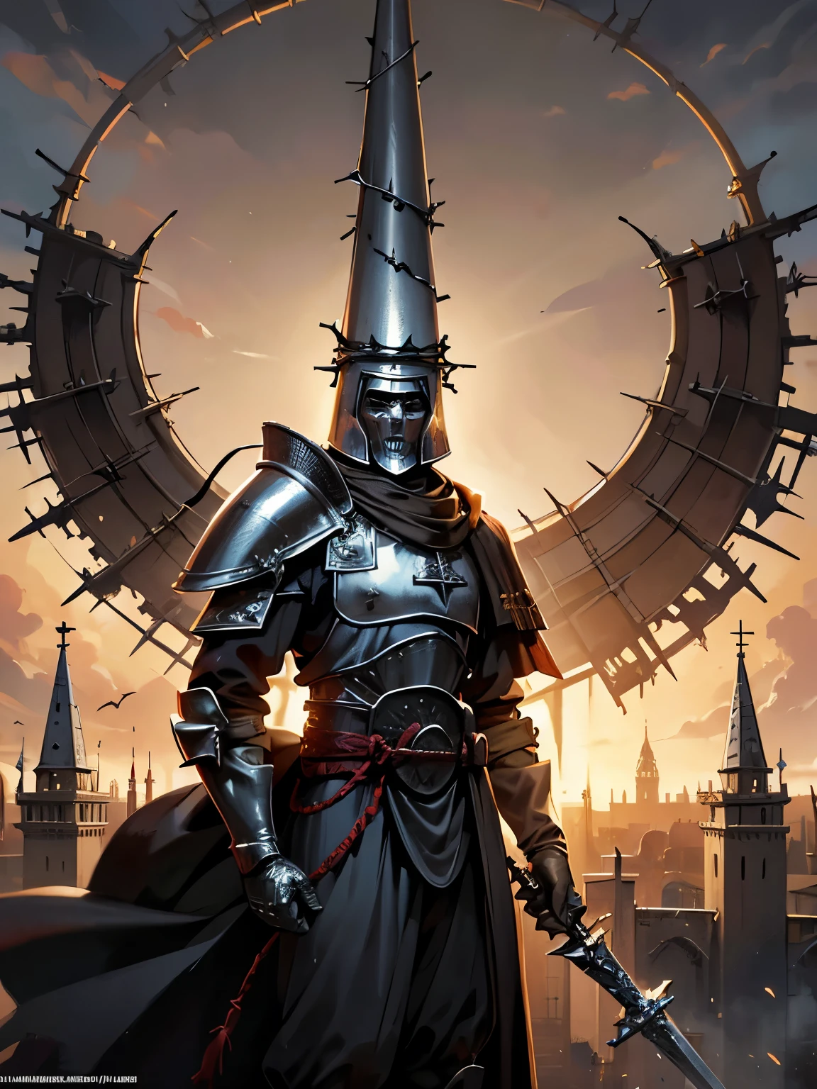 ((Blasphemous)), ((The penitent)), game character, a closeup of a man wearing a helmet and armor standing in front of a castle, anor londo, holy crusader medieval, guild war illustrations, holy crusader, Warhammer fantasy art, photo of a clergyman, undead knight, medieval fantasy game art, I see the Carpathians, Blasphemous, holy crusader medieval knight, holy crusader medieval