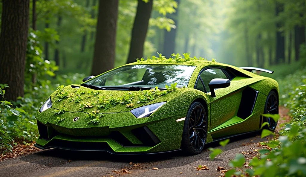 a Lamborghini Aventador covered in plants and flowers, the body of which
is made from vines and flowers, sitting on an old forest road, the scene
has lush greenery around it, with trees and foliage adding to its natural
surroundings, it appears as if it's part of nature itself, blending
seamlessly into the environment, this concept highlights environmental
sustainability through ecofriendly design elements in the style of nature