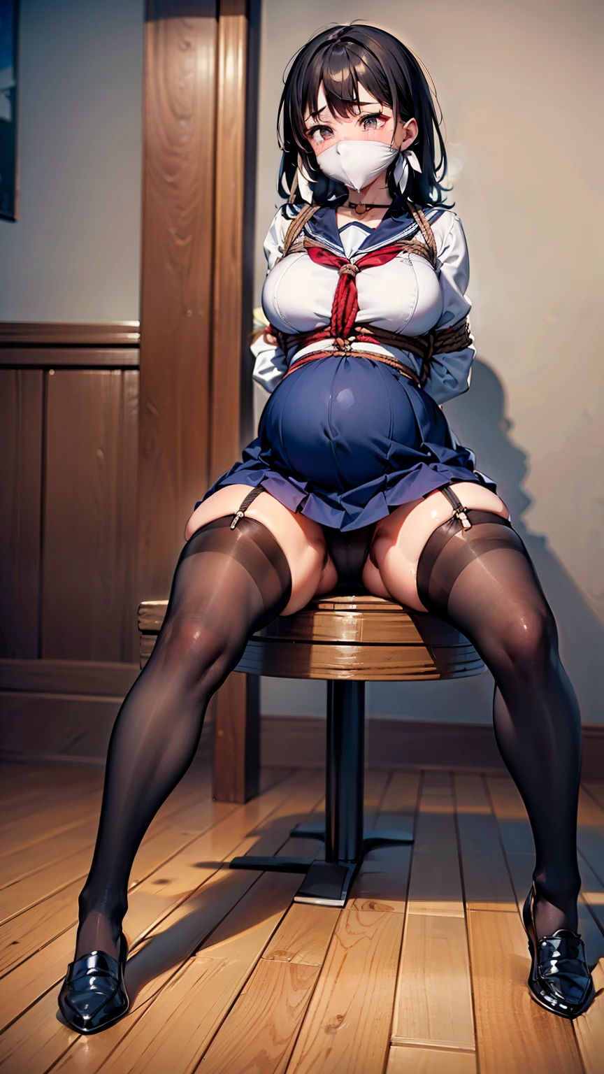 (Highly detailed CG Unity 8k), (Highest quality),(Very detailed),(Ultra-high resolution), 1 female, Pregnant women, Sailor suit, Rope Bondage, breasts Rope Bondage, hands back Rope Bondage, leg Rope Bondage, thigh Rope Bondage, (bust Rope Bondage:1.4), feet Rope Bondage, Put your arms behind your hips, Wrists tied, Tie your ankles, Dark Blue Skirt, torture chamber, Feet together, Tie your ankles, Black Hair, high school girl, (Black Stockings:1.4), Black garter belt, Brown Loafers, Crying face