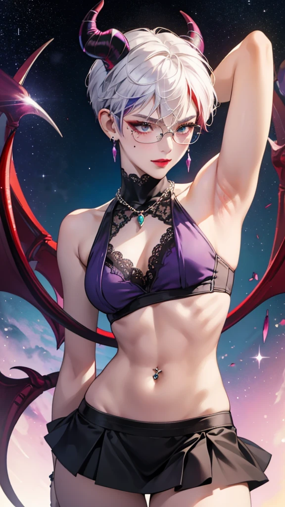 8k, masterpiece, best quality, highly detailed, 1 girl, tiefling, warlock, pixie cut, multicolored hair, very short straight hair red highlight hair on white hair, strippled hair, wearing glasses, round glasses, earrings, navel piercing, red eyeshadow, long eyelashes, blushed cheek, red lips, pearl necklace, rings, collarbone, mole on face, glamorous, teal and purple clothes, sleeveless, miniskirt, smirk, close up view, rings, looking at viewer, demon horns, solo, starry sky, pale blue moon, standing, boxing stance, demonic arms, chains on the background, black lace gloves, left arm crossed, show right armpit.