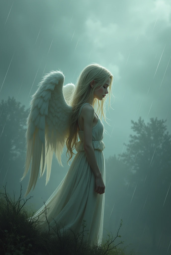 A white-haired angel girl looks sad as she looks at the rainy sky.