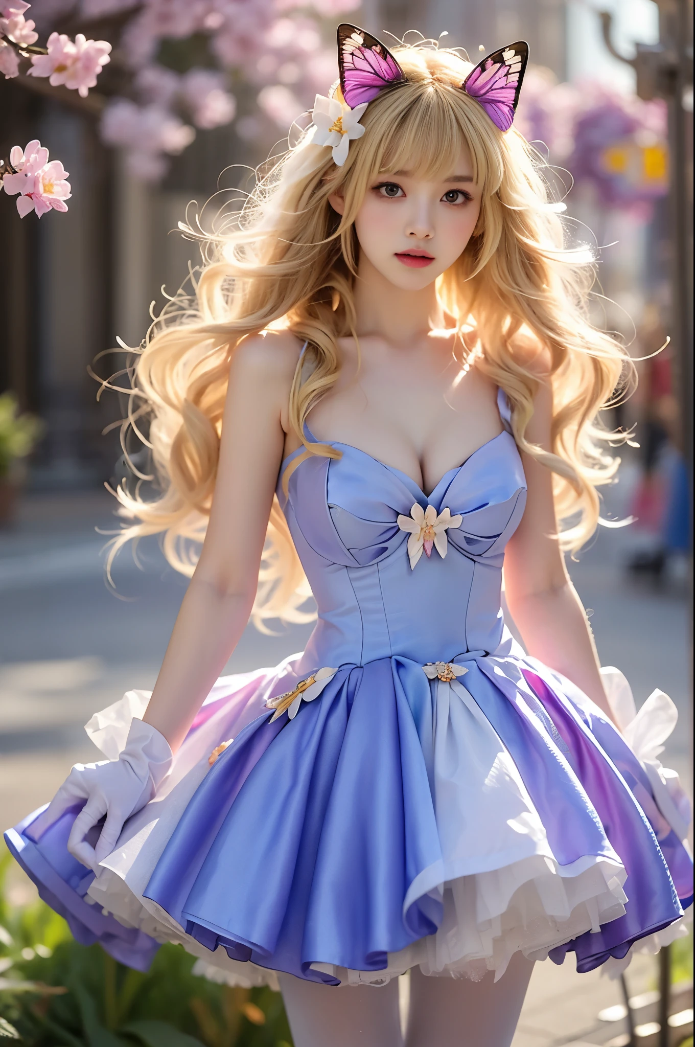 1girl,Yao Shiyuan,blonde hair,dress,gloves,white pantyhose,pointy ears,star \(symbol\), Beautiful dance pose, She gently lifted her skirt with one hand,头发周围有白色的Butterfly兰,Lilac dendrobium、White Lily, Long legs , Deep in Wonderland, ((Flowing long hair))Official Art , Unity8k Wallpaper , Extremely detailed , Visible cleavage, Pretty and beautiful , 性感Long legs, masterpiece , best quality ,Practical, Very detailed illustrations ,Extremely detailed , Intricate details , Extremely complex and detailed , Very detailed 8KCG wallpaper , Caustics .reflection , Ray Tracing , Devil theme ,nebula ,Dark aura, Network Effects , (1 girl)solitary , 小蓝Butterfly , (Blue plasma flame , (insect , Butterfly)) Pastel tones in Rococo style ,Light white and light dark red , Incredibly beautiful , Cherry blossoms , Surrealism ,painting , Ethereal , Mixing reality and fantasy elements ,Ray Tracing , Complex Mode , Exquisite lines , Perfect your hands, Starry Sky , Colorful , Star