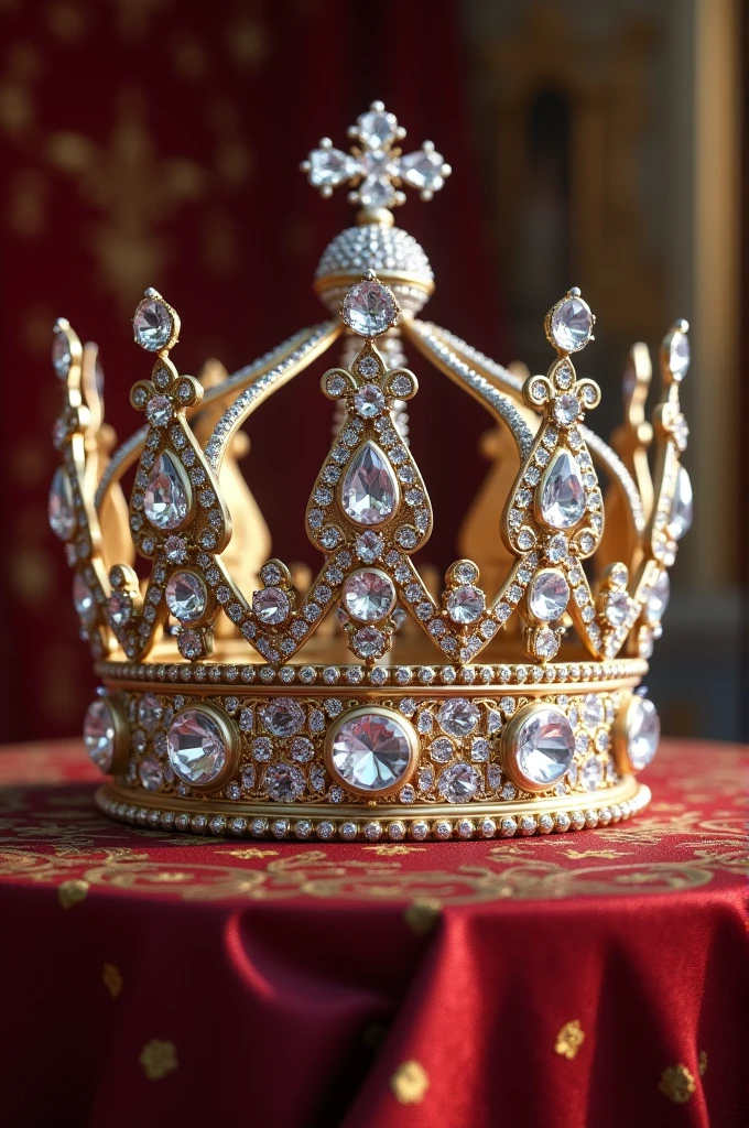 A queen's crown studded with sparkling white diamonds