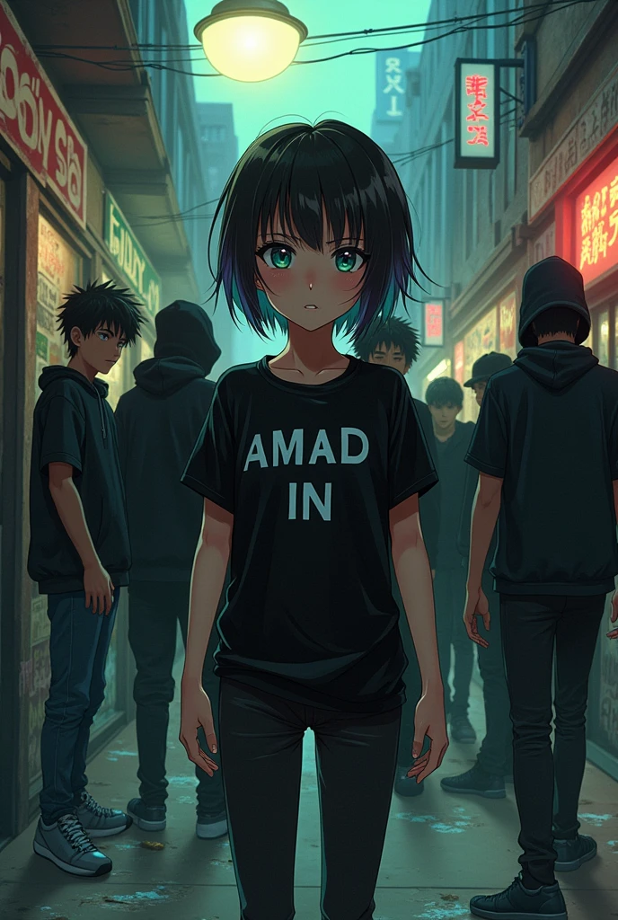 Anime character Mikey in black shirt on her shirt written AMAD in and then have gang of boys

