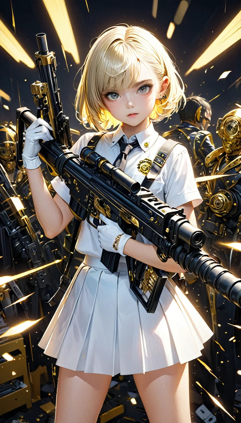 kawaii, cute boyish girl with very short boyish blonde hair, gold piercing gaze, glamorous proportions, wearing a white school uniform and gloves, holding a machine gun, background wide variety punks, (ultra detailed, absolutely resolution, best quality:1.3), 2.5D, delicate and dynamic effects, lighting effects, artistic, hyper, graphic CG digital art