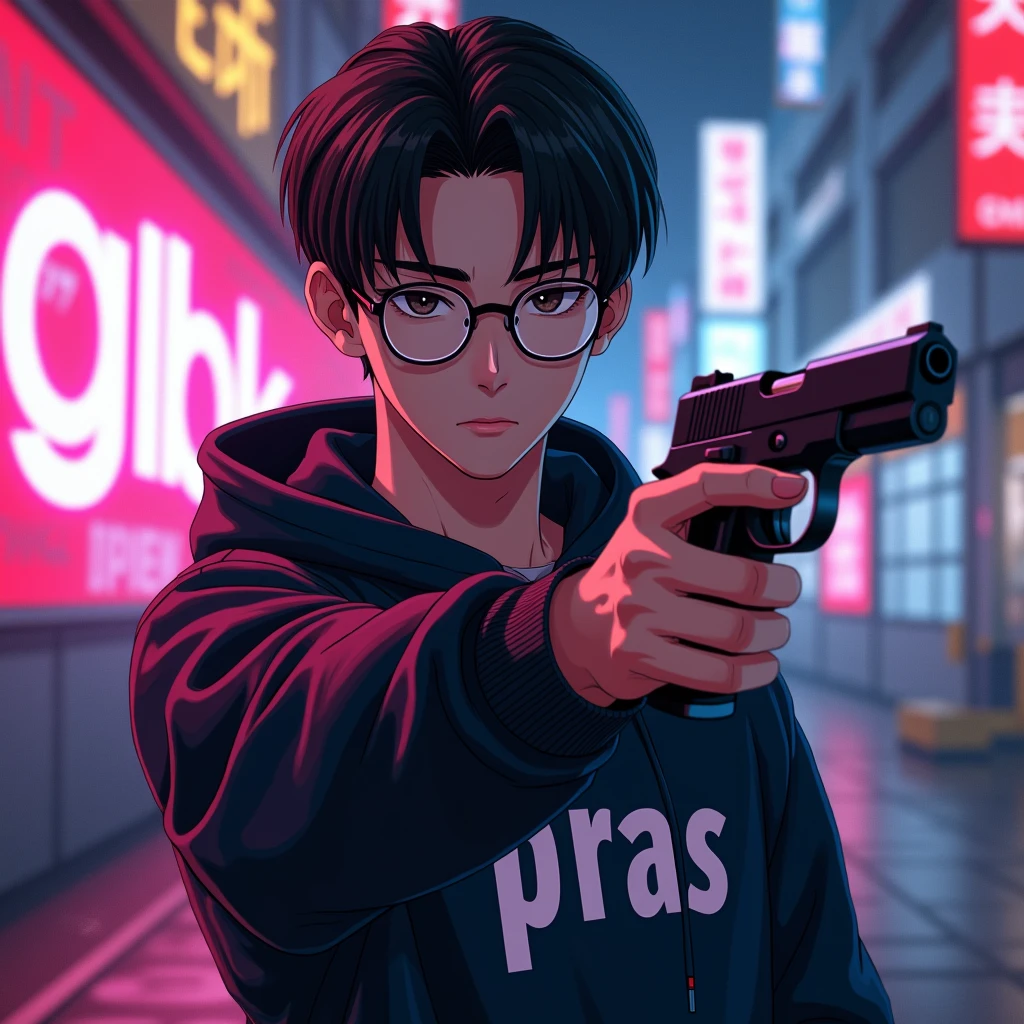 Create a character anime, {{background: text “GLBK”, night city}},
realistic, HDR, use glasses, handsome, korean style, full body, use pistol, age 20, hoodie HD text: “PRAS”