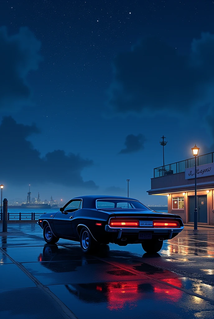 Prompt**: A meticulously drawn animation-style image set in a nighttime harbor. The scene features a vivid night view with a calm sea and a beautiful starry sky above filled with numerous twinkling stars. The wet road surface, reflecting light after the rain, adds to the ambiance. In the pier's parking lot, an old Dodge Challenger with a shiny black body is quietly parked, its taillights glowing softly. The car is rendered with intricate detail, and the entire composition is in high-quality 8K.