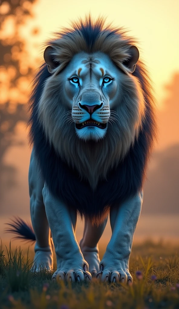 Generate an ultra realistic 8k image of a big strong blue-eyed lion 