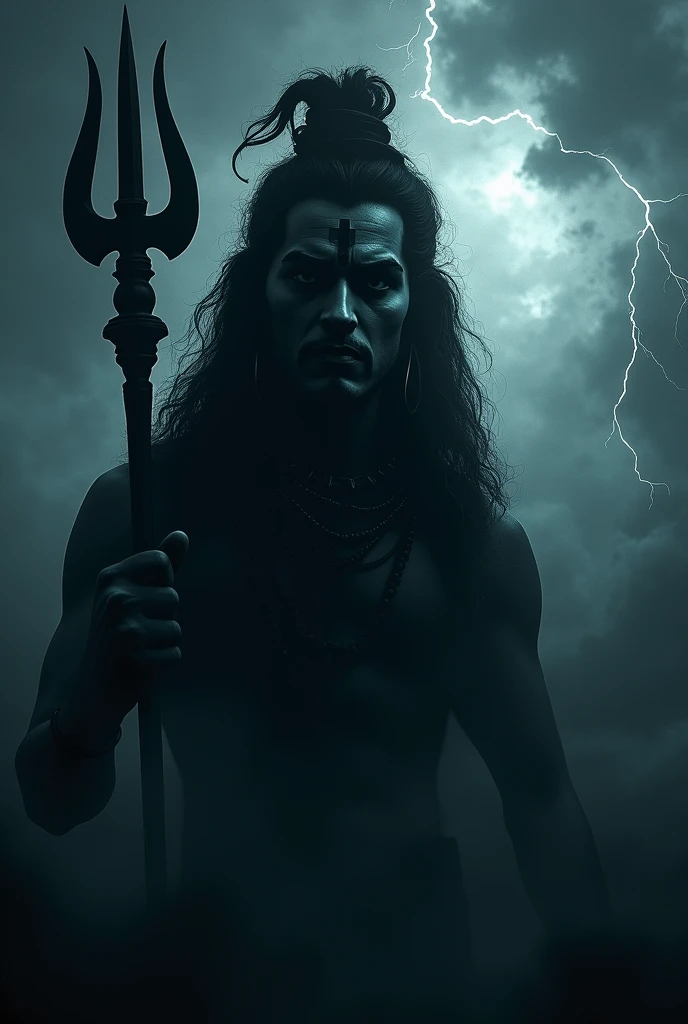 Mahadev in dark rudra rupp with thunder storm with trisul and image in shadow form only mahadev face