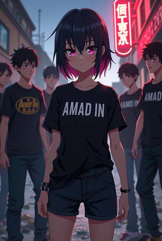 Anime character Mikey in black shirt on her shirt written AMAD in and then have gang of boys
