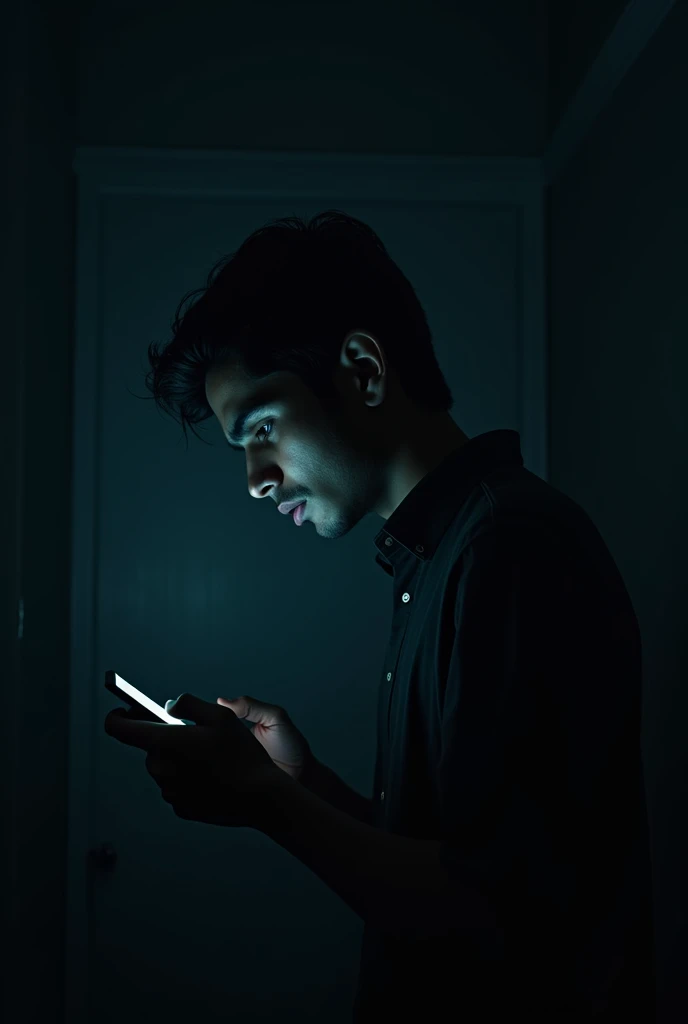 A pitch-black room with Rohan's phone screen as the only light source. The room should be engulfed in darkness, and Rohan should appear panicked and disoriented.