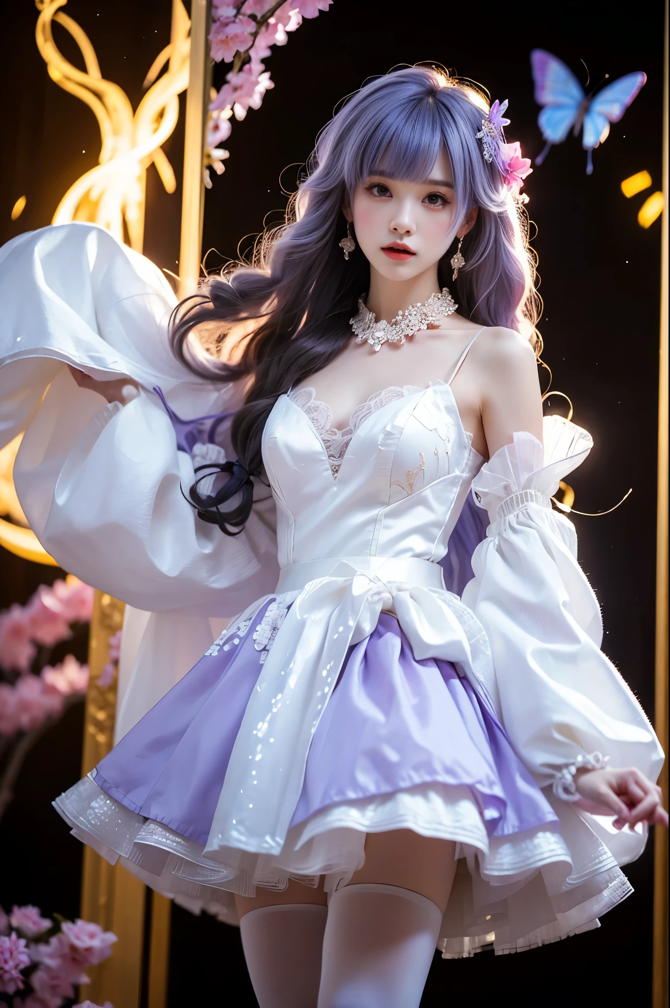 1girl,ahoge,white dress,light purple hair,long hair,white pantyhose,detached sleeves,detached collar, single_Side_Good, Beautiful dance pose, She gently lifted her skirt with one hand,头发周围有白色的Butterfly兰，Lilac dendrobium、White Lily, Long legs , Deep in Wonderland, ((Flowing long hair))Official Art , Unity8k Wallpaper , Extremely detailed , Visible cleavage, Pretty and beautiful , 性感Long legs, masterpiece , best quality ,Practical, Very detailed illustrations ,Extremely detailed , Intricate details , Extremely complex and detailed , Very detailed 8KCG wallpaper , Caustics .reflection , Ray Tracing , Devil theme ,nebula ,Dark aura, Network Effects , (1 girl)solitary , 小蓝Butterfly , (Blue plasma flame , (insect , Butterfly)) Pastel tones in Rococo style ,Light white and light dark red , Incredibly beautiful , Cherry blossoms , Surrealism ,painting , Ethereal , Mixing reality and fantasy elements ,Ray Tracing , Complex Mode , Exquisite lines , Perfect your hands, Starry Sky , Colorful , Star