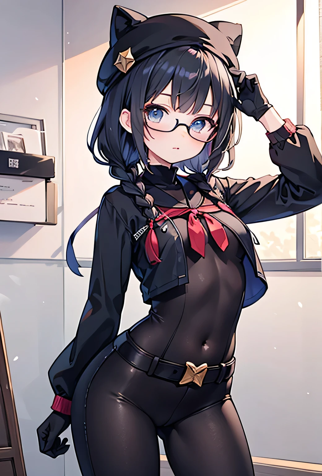 masterpiece, High quality CG, anime, figure, Highest quality, One girl, bound, bondage, Beautiful Face, Detailed face, Cowboy Shot, Tokkebi, One girl, alone, View your viewers, Black Hair, Braiding, Glasses, Black gloves, belt, pants, Iris, twin Braidings, Striped Hair, Black Hat, Bodysuits, black pants, 丸いGlasses, black Bodysuits, Beanie, Hair behind the ear,