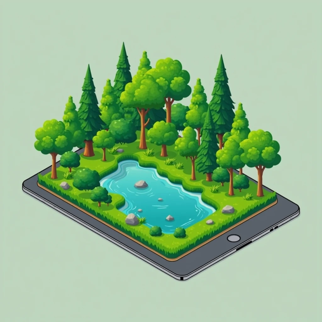 ipad as beautiful island, park on screen, vector, 3d, flat illustration, island, tree with detail leaf, simple shape, flat ipad illustration, no humans, scenery, outdoors, rock, lake, grass, bush, pond, water, day, nature, detail, no outline, (outine:-1)