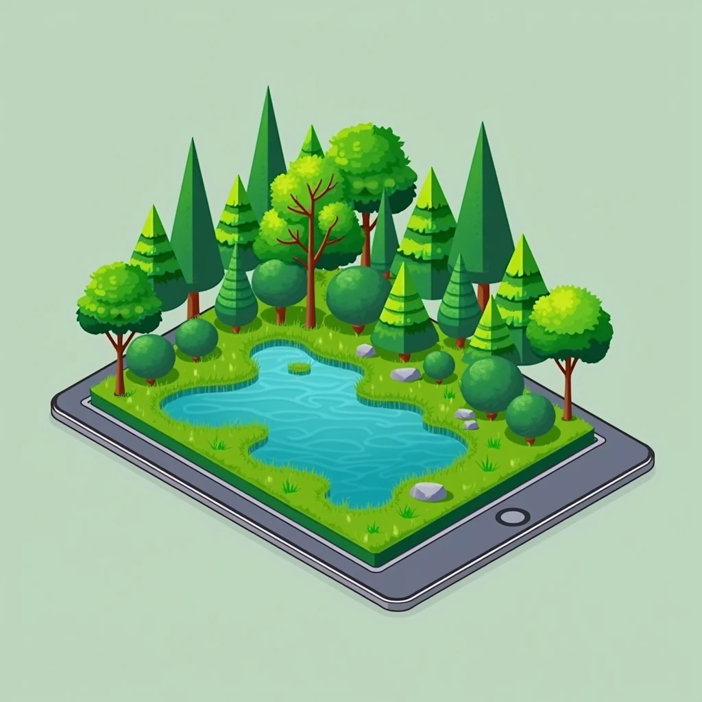 ipad as beautiful island, park on screen, vector, 3d, flat illustration, island, tree with detail leaf, simple shape, flat ipad illustration, no humans, scenery, outdoors, rock, lake, grass, bush, pond, water, day, nature, detail, no outline, (outine:-1)
