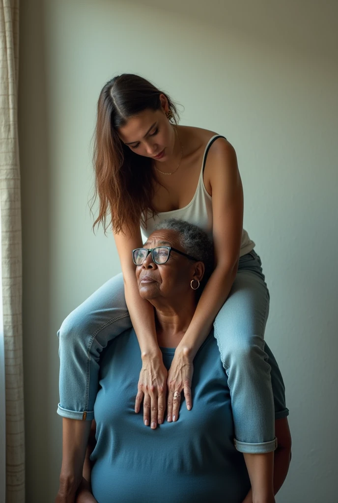 Create a photo of a 30 year old young woman, with a slender and beautiful body, wearing a white top and jeans, with white and clear skin, with long light brown hair, wearing hoop earrings and has her back to the camera as she is lifted high on the shoulder of an obese black 90 year old woman, dark black skinned, who has short hair, who wears glasses and a blue dress